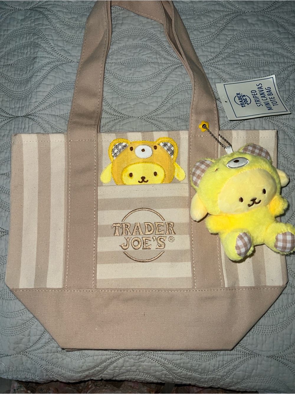 Trader Joe's Striped Canvas Tote embroidered with pompurin w/ matching bag charm